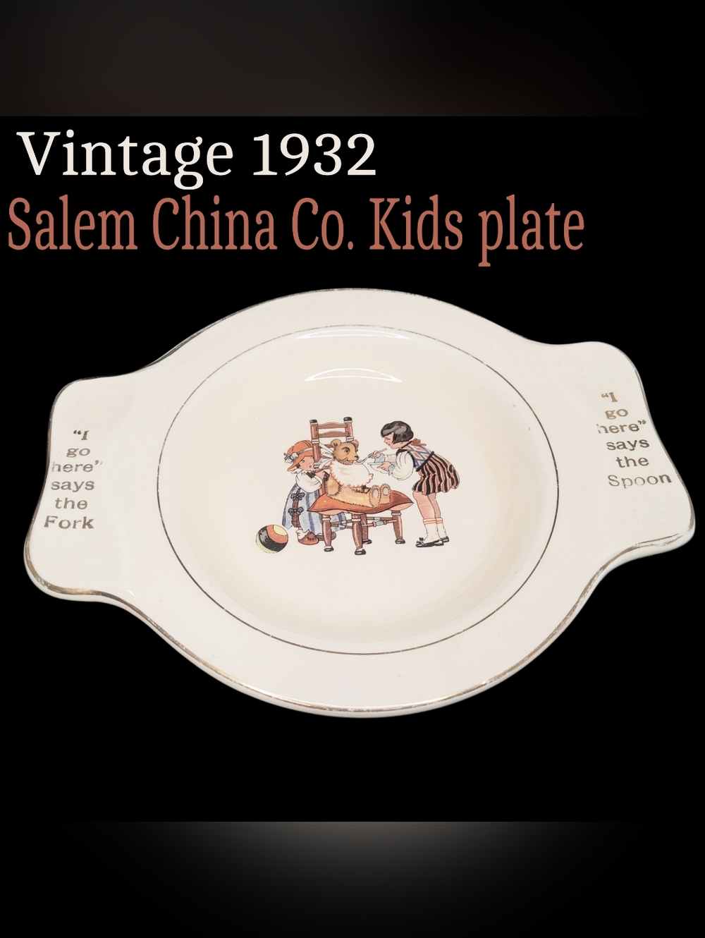 Vintage 1932 Children's China Plate with Multicolor Illustration Art Deco